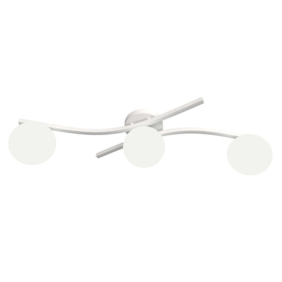 Lampa sufitowa Opus z trzema opalowymi kloszami na białym stelażu, o delikatnych, falujących liniach. Ujęcie frontalne, montowana na suficie, idealna do nowoczesnych wnętrz.