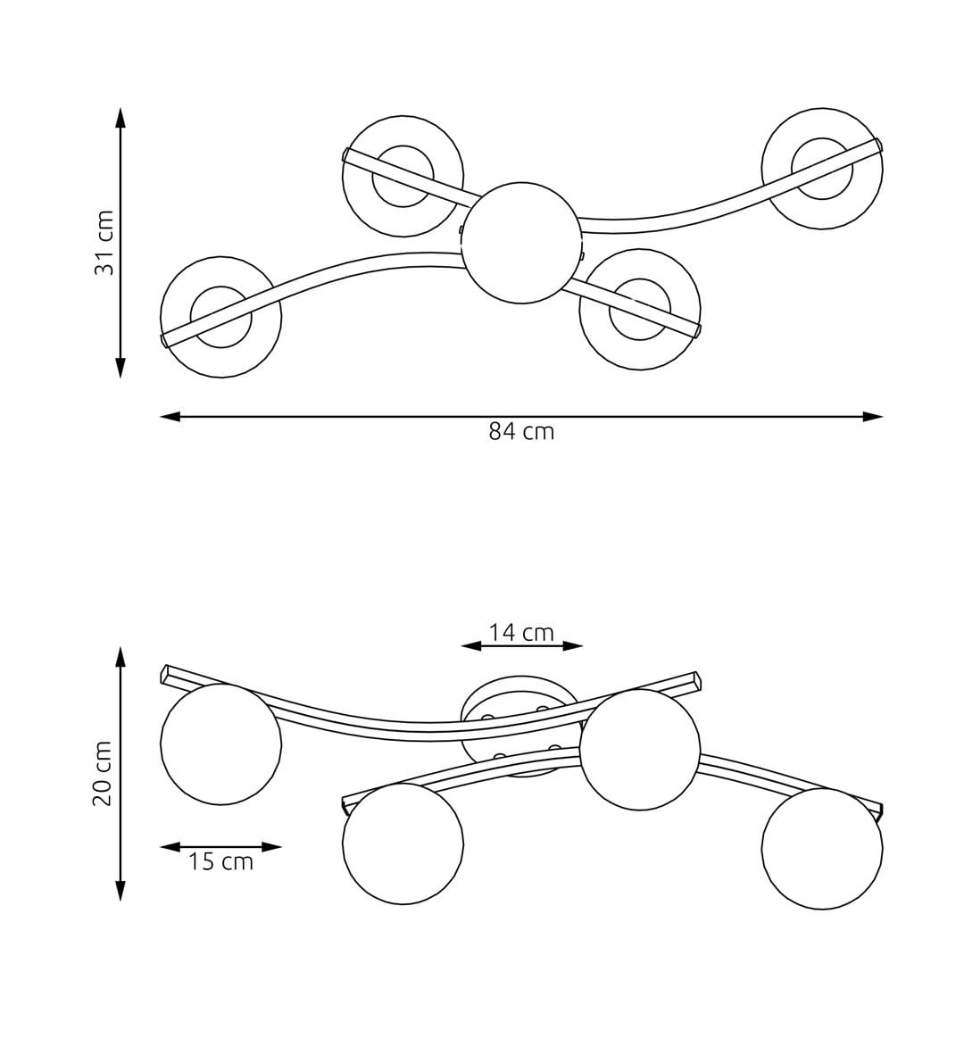 Lampa sufitowa Opus 4xE14 w kolorze białym z opalowymi kulkami. Kształt falisty z centralną kulą, wymiary 84 cm szerokości i 31 cm wysokości. Prosty design, idealna do nowoczesnych wnętrz. Widok z góry i z boku.