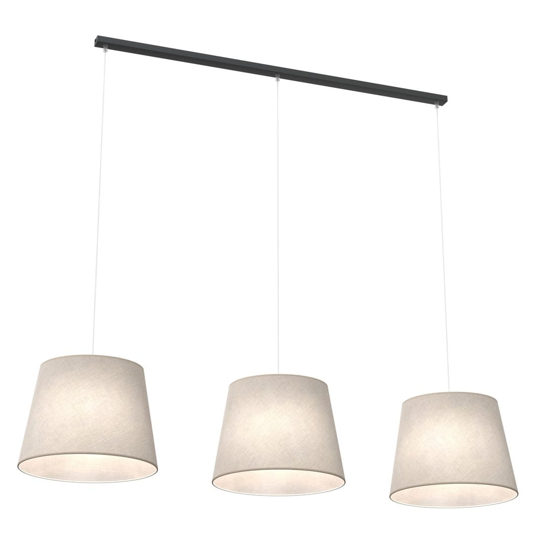 Lampa wisząca Epoca z trzema kloszami E27 w kolorze czarnym i beżowym. Klosze mają stożkowaty kształt i są zawieszone na cienkich żyłkach, montowane na prostokątnej, czarnej podsufitce. Światło rozprasza się przez tekstylną powierzchnię kloszy.