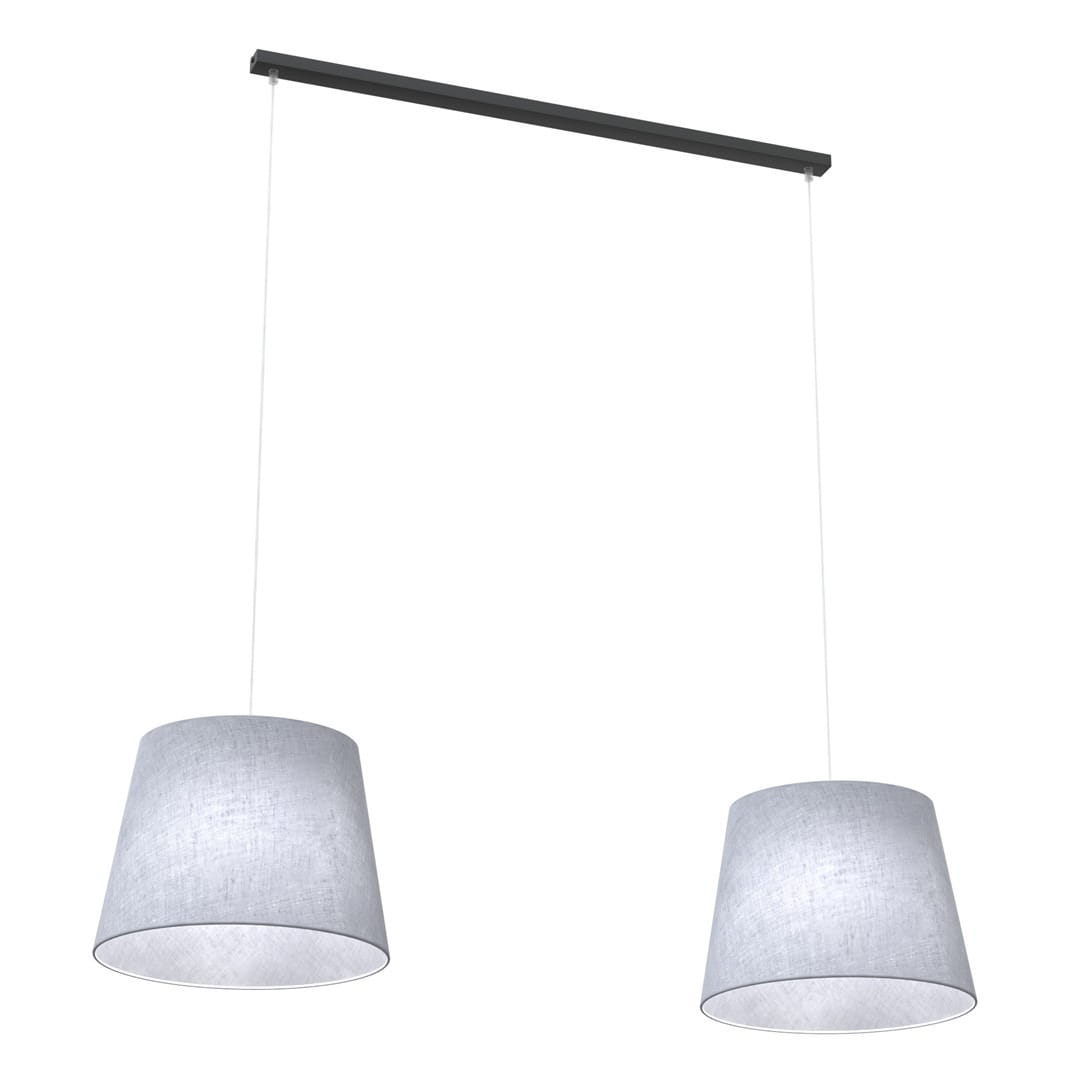 Lampa wisząca Epoca z dwoma kloszami w kolorze szarym, zawieszona na cienkim, białym przewodzie. Klosze mają stożkowaty kształt, a całość montowana na prostokątnej, czarnej podstawie. Do zastosowania z żarówkami E27.