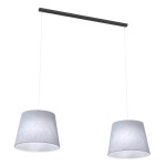 Lampa wisząca Epoca z dwoma kloszami w kolorze szarym, zawieszona na cienkim, białym przewodzie. Klosze mają stożkowaty kształt, a całość montowana na prostokątnej, czarnej podstawie. Do zastosowania z żarówkami E27.