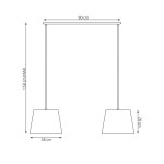Lampa wisząca Epoca w kolorze czarnym z dwoma kloszami typu E27. Wymiary: szerokość 90 cm, wysokość max 150 cm, klosze o wymiarach 38 cm szerokości i 28 cm wysokości. Produkt zawieszony na cienkich linkach, minimalistyczny design.
