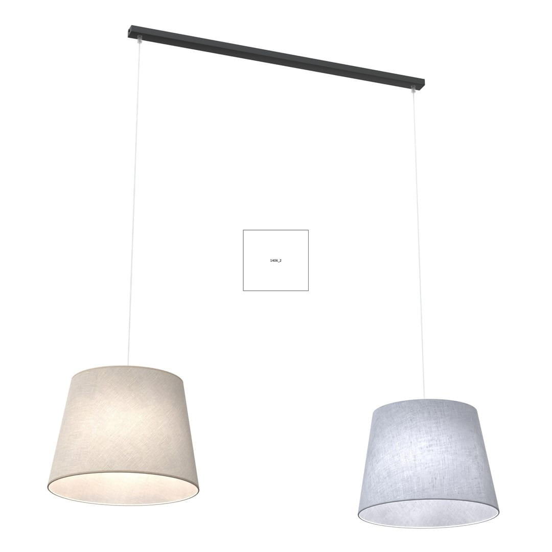 Lampa wisząca Epoca 2xE27 w kolorze czarnym z dwoma abażurami: jasnoszarym i ciemnoszarym. Ujęcie frontalne, abażury zawieszone na białych linkach, zamontowane na prostokątnej, czarnej podstawie. Prosta, nowoczesna forma.