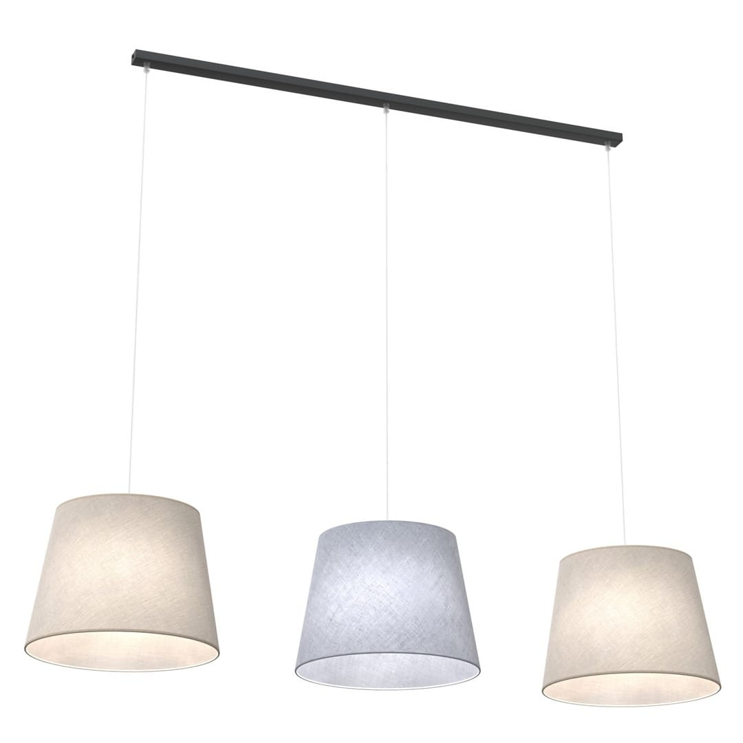 Lampa wisząca Epoca 3xE27 w kolorze czarnym z trzema abażurami: beżowym, szarym i białym. Abażury mają kształt stożków, zawieszone na cienkich linkach. Całość umieszczona na prostokątnej, czarnej podstawie.