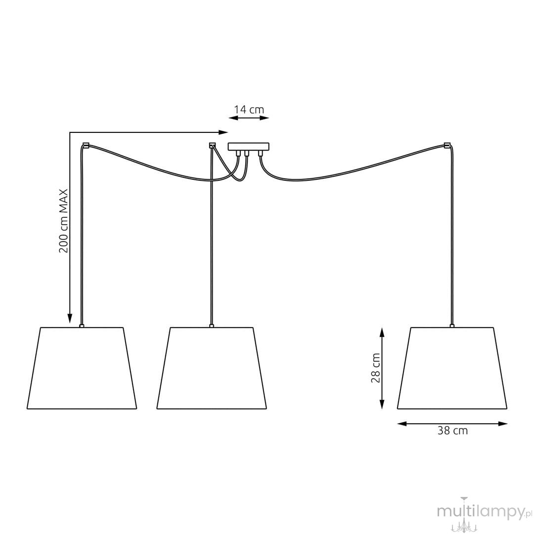Lampa wisząca Ascot 3xE27 w kolorze czarnym i beżowym. Oferuje trzy klosze w kształcie stożka, zawieszone na regulowanych przewodach. Wymiary: wysokość 28 cm, szerokość 38 cm, maksymalna długość zwisu 200 cm.