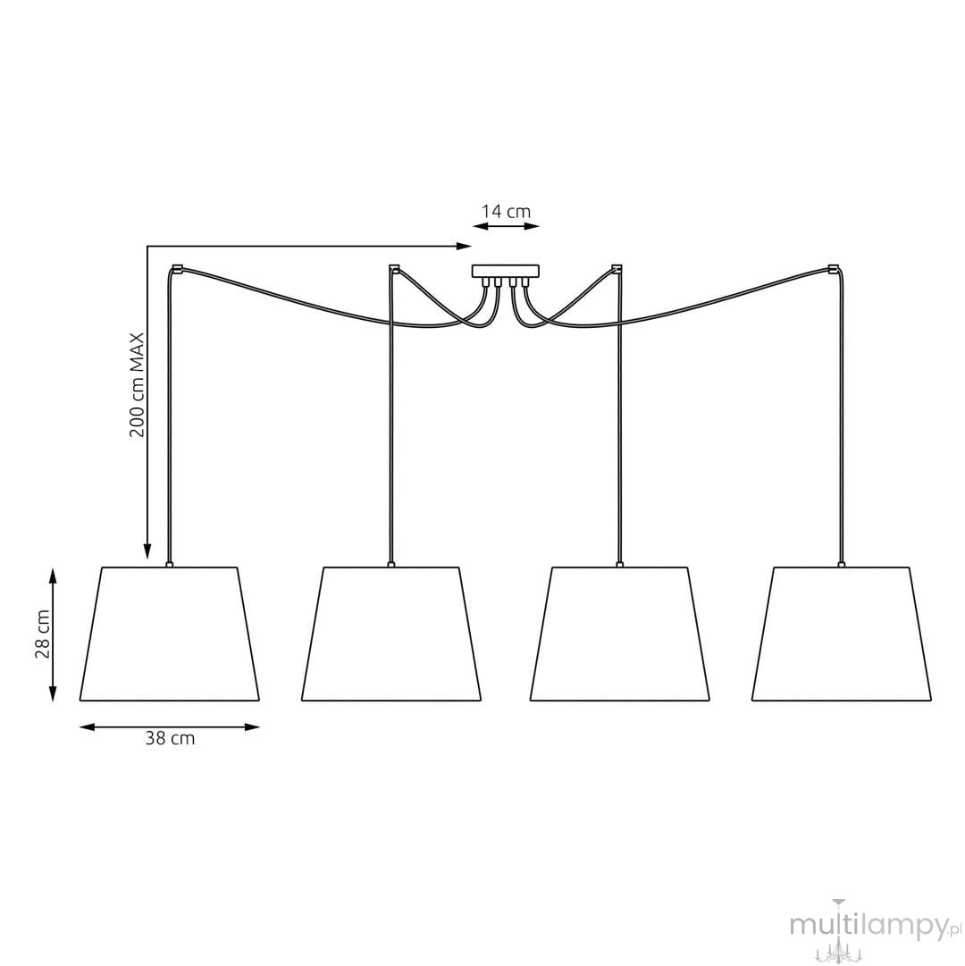 Lampa wisząca Ascot 4xE27 w kolorze czarnym i beżowym. Posiada cztery klosze w kształcie prostokątnych abażurów. Wymiary: długość 200 cm, szerokość 14 cm, wysokość klosza 28 cm. Zawieszona na cienkich linkach, idealna do nowoczesnych wnętrz.