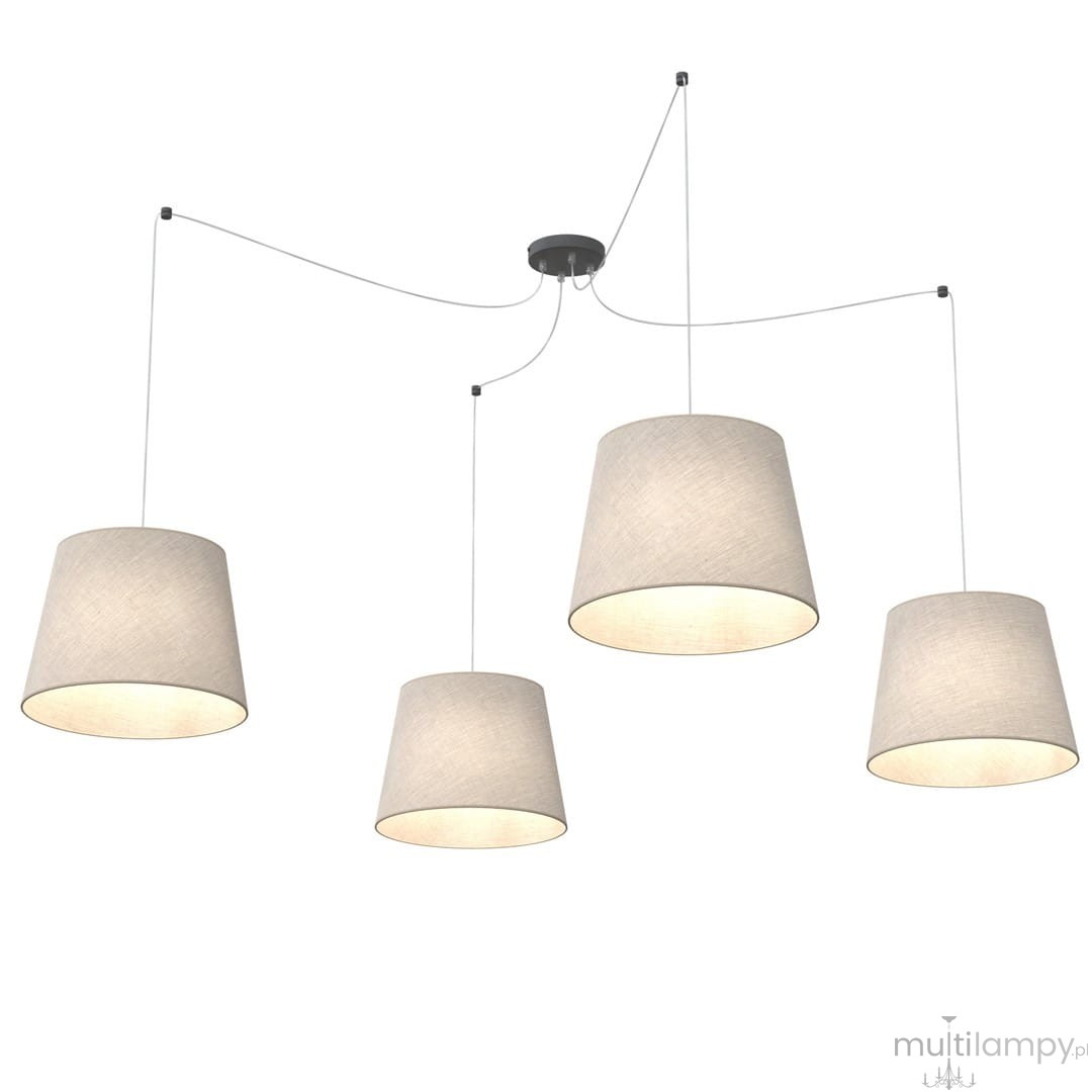 Lampa wisząca Ascot z czterema kloszami E27 w kolorze beżowym, zawieszona na cienkich linkach, z czarnym mocowaniem sufitowym. Klosze mają stożkowy kształt, emitując ciepłe światło. Idealna do nowoczesnych wnętrz.
