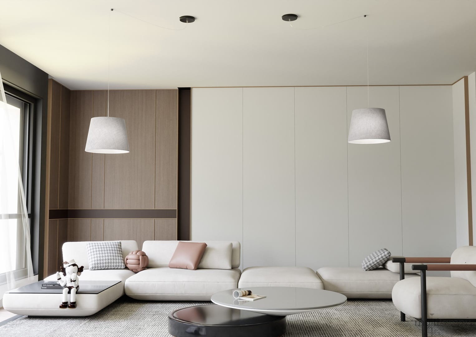 Lampa wisząca Ascot 1xE27 w kolorze czarnym i szarym, o stożkowym kształcie. Zawieszona na cienkim przewodzie w nowoczesnym wnętrzu, nad sofą i stołem kawowym. Tło w jasnych odcieniach z drewnianymi akcentami.