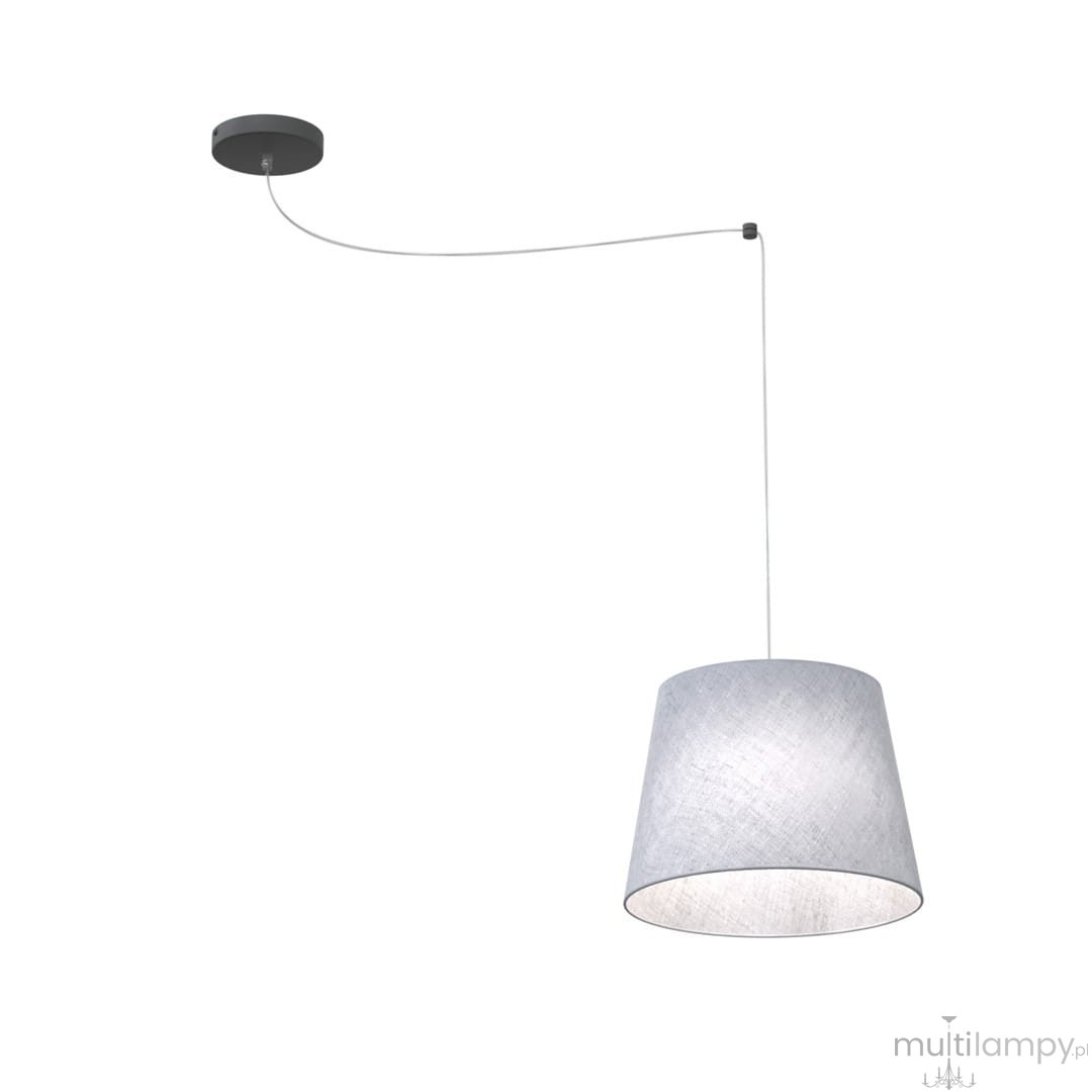 Lampa wisząca Ascot 1xE27 w kolorze czarnym i szarym, z tekstylnym kloszem w kształcie stożka. Ujęcie z boku, produkt zawieszony na białym przewodzie, z okrągłym mocowaniem sufitowym. Idealna do nowoczesnych wnętrz.