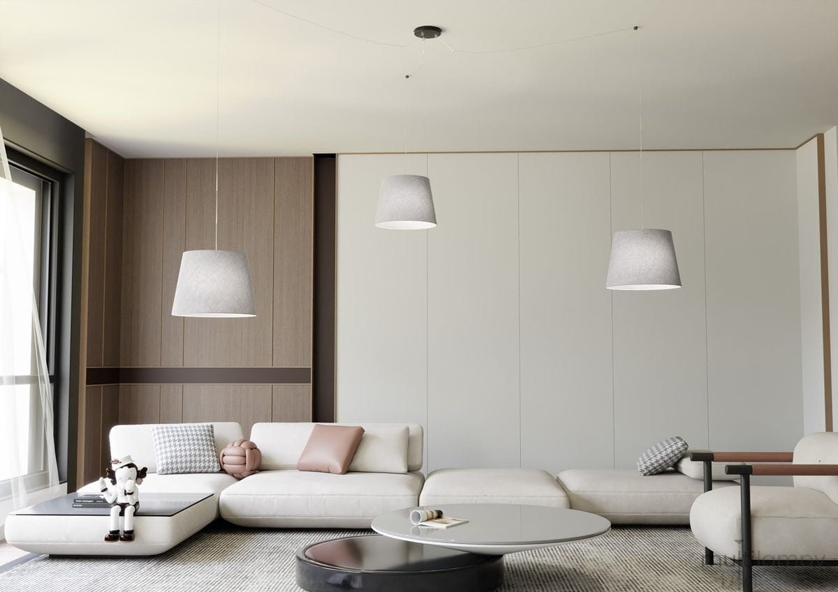 Lampa wisząca Ascot 3xE27 w kolorze czarnym i szarym, z kloszami w kształcie stożka, zawieszona na cienkich linkach. Widoczne trzy lampy w nowoczesnym wnętrzu z jasną sofą i okrągłym stolikiem. Tło w neutralnych odcieniach, minimalistyczne.