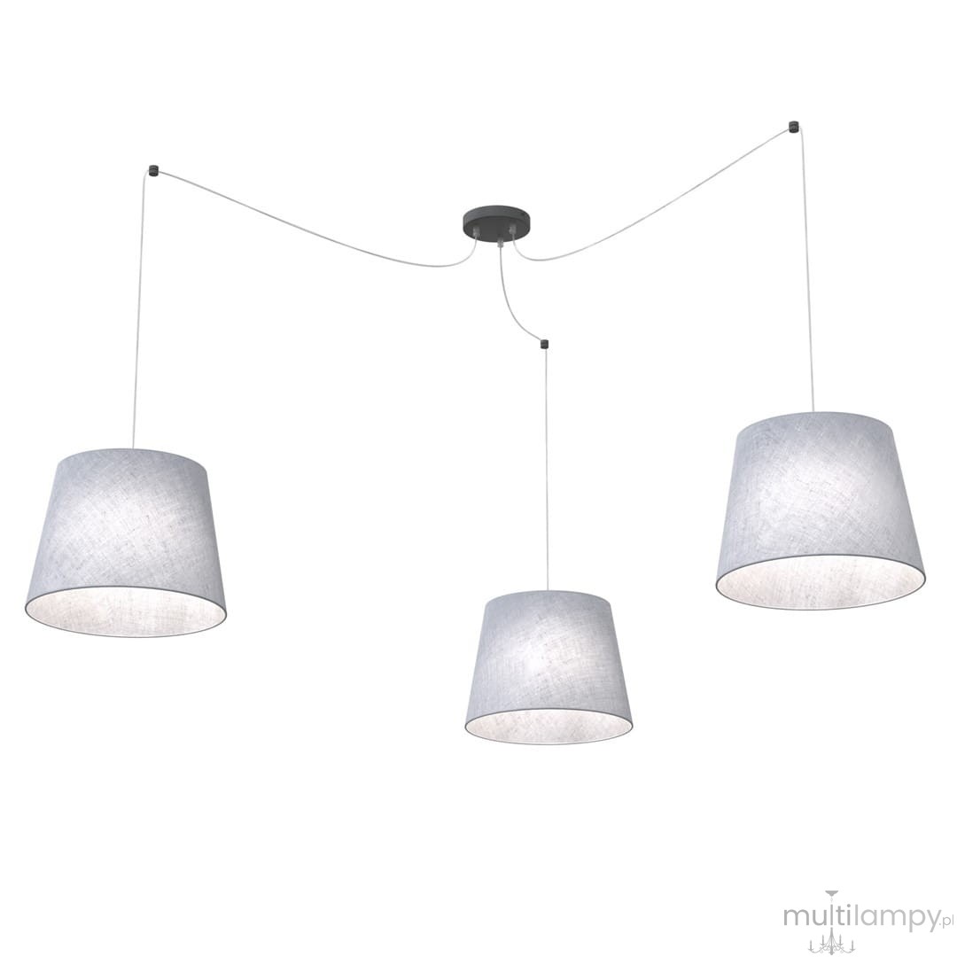 Lampa wisząca Ascot z trzema abażurami w kolorze szarym, zawieszona na cienkich żyłkach. Abażury mają stożkowy kształt i matową fakturę. U góry czarna podsufitka. Produkt idealny do nowoczesnych wnętrz.
