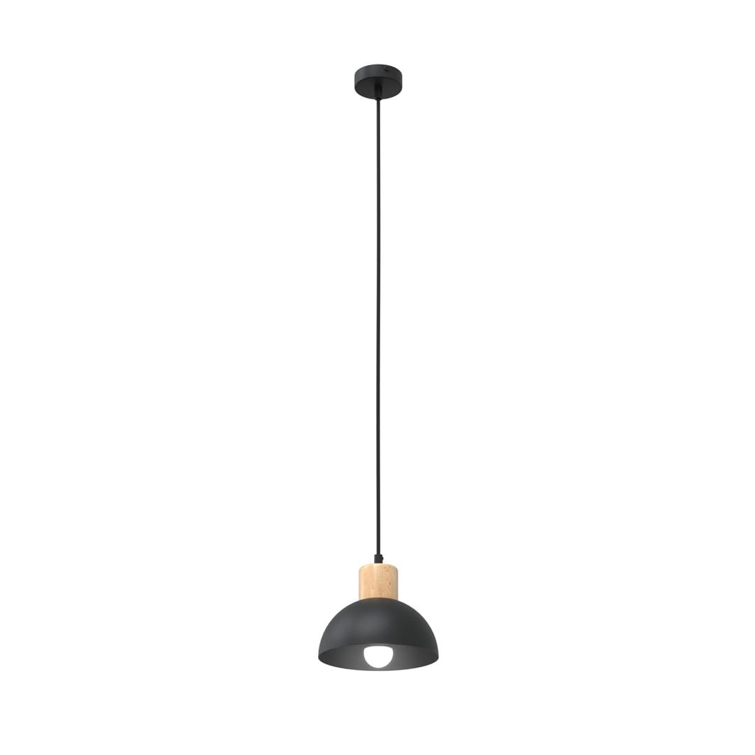 Lampa wisząca Seco 1xE27 w kolorze czarnym z jasnym drewnem. Okrągły klosz z matowego metalu, zawieszony na cienkim przewodzie. Widoczny drewniany element u podstawy, nadający naturalny akcent. Prosta forma, idealna do nowoczesnych wnętrz.