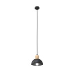 Lampa wisząca Seco 1xE27 w kolorze czarnym z jasnym drewnem. Okrągły klosz z matowego metalu, zawieszony na cienkim przewodzie. Widoczny drewniany element u podstawy, nadający naturalny akcent. Prosta forma, idealna do nowoczesnych wnętrz.