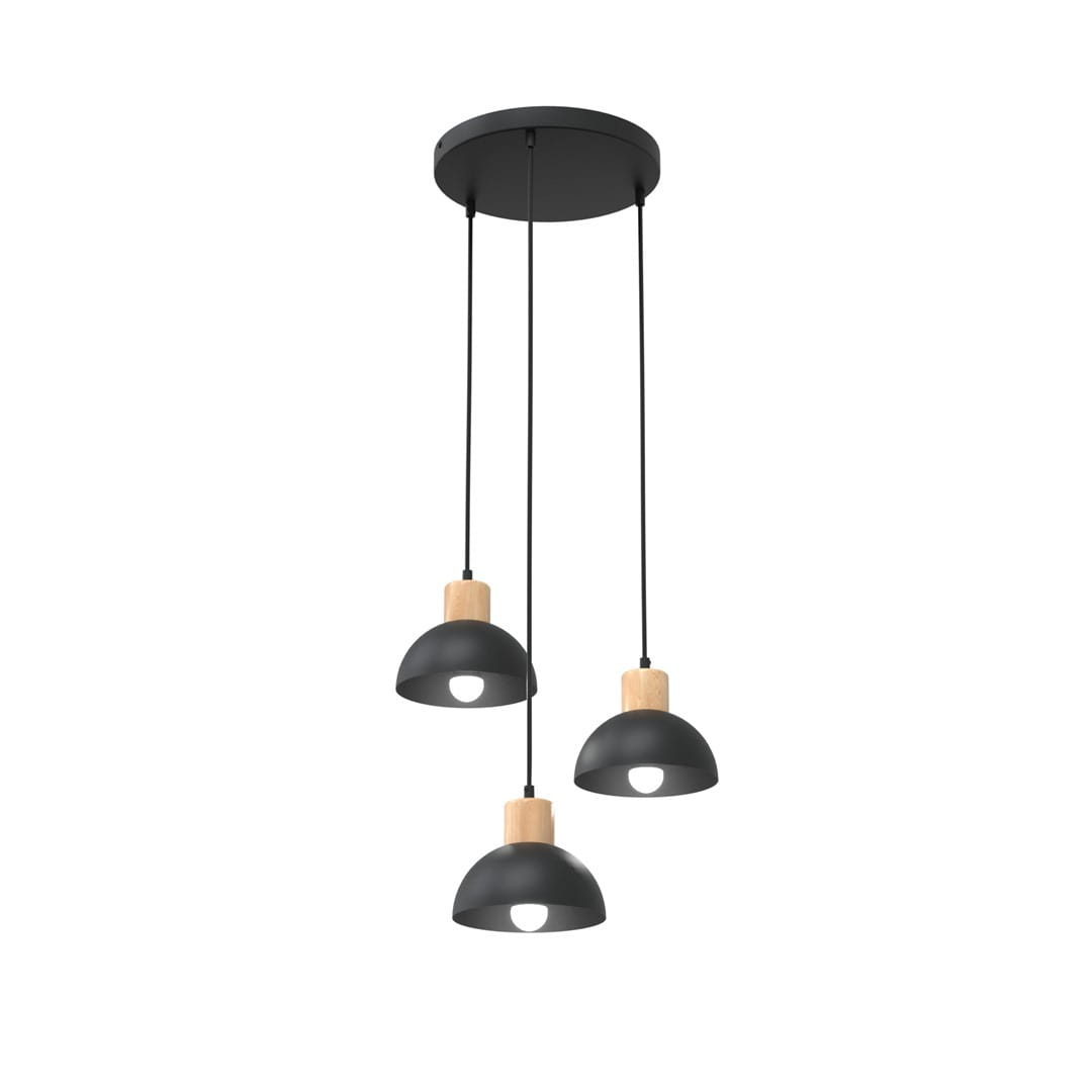 Lampa wisząca Seco z trzema kloszami w kolorze czarnym z jasnym drewnem, zawieszona na czarnych kablach. Klosze mają otwory w górnej części i stożkowaty kształt. Montaż sufitowy, nowoczesny design.