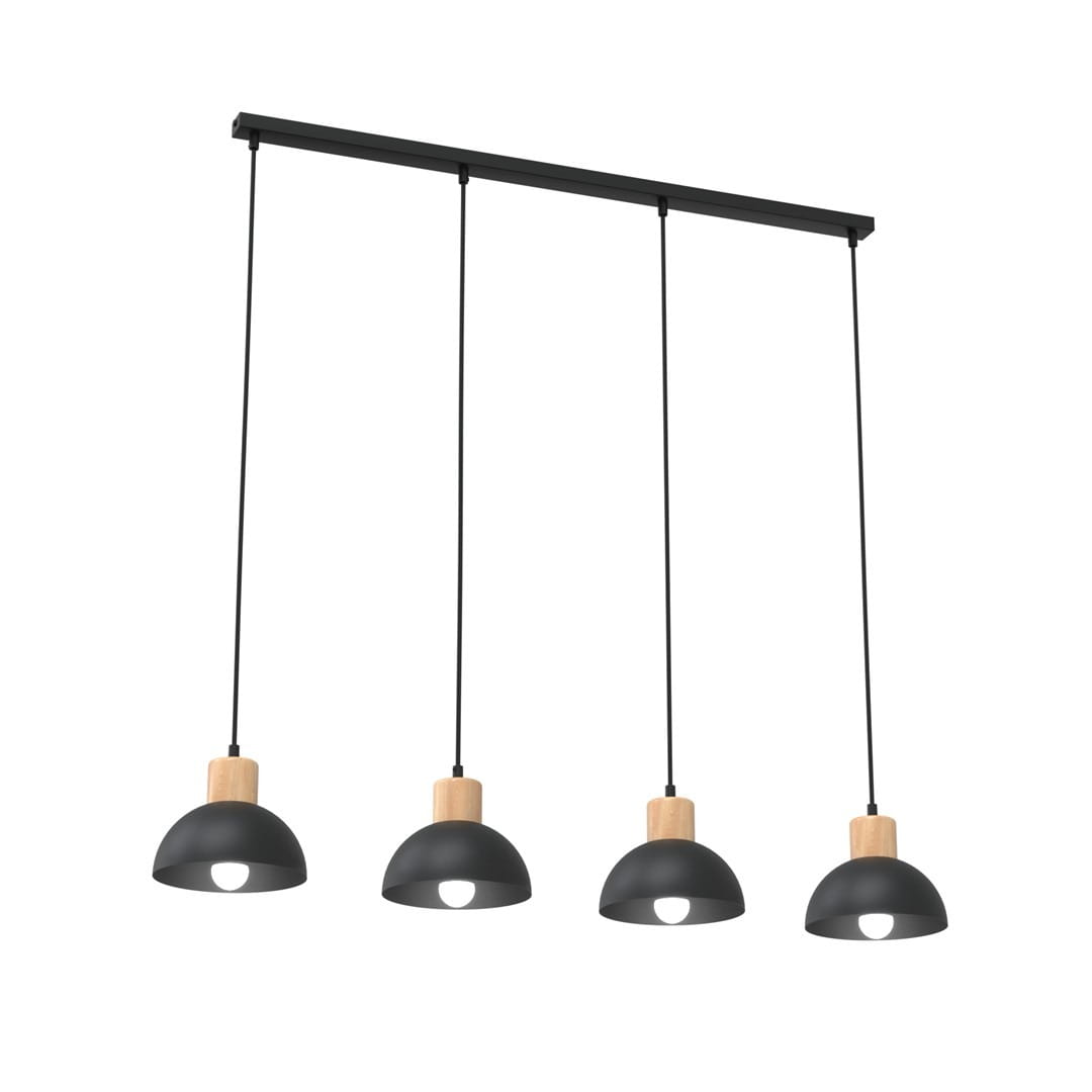 Lampa wisząca Seco z czterema kloszami E27, w kolorze czarnym z jasnym drewnem. Klosze mają półkulisty kształt, zawieszone na cienkich linkach. Ujęcie z przodu, na białym tle, ukazujące elegancki design i połączenie materiałów.
