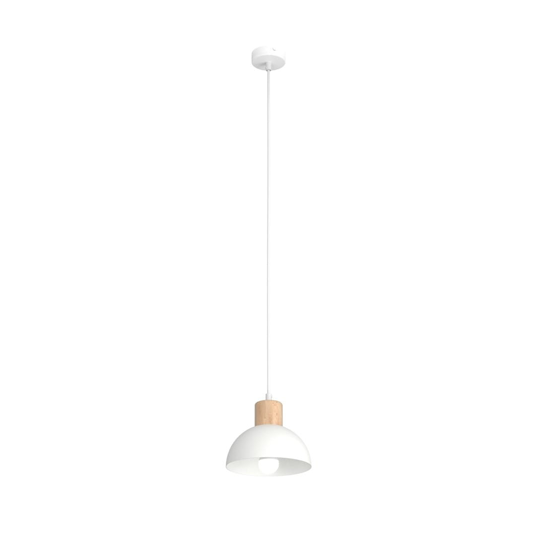 Lampa wisząca Seco z białym kloszem i jasnym, drewnianym uchwytem, zawieszona na cienkim, białym przewodzie. Kształt klosza półkulisty, otwarty od dołu, idealna do oświetlenia wnętrz. Montaż sufitowy.