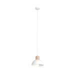 Lampa wisząca Seco z białym kloszem i jasnym, drewnianym uchwytem, zawieszona na cienkim, białym przewodzie. Kształt klosza półkulisty, otwarty od dołu, idealna do oświetlenia wnętrz. Montaż sufitowy.