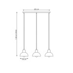 Lampa wisząca Seco 3xE27 w kolorze białym z jasnym drewnem. Trzy klosze o średnicy 18 cm zawieszone na prostokątnej podstawie, długość 60 cm, maksymalna wysokość 140 cm. Idealna do nowoczesnych wnętrz.