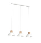 Lampa wisząca Seco z trzema kloszami w kolorze białym i elementami z jasnego drewna, zawieszona na białym stelażu. Klosze mają zaokrąglony kształt, a każdy z nich ma miejsce na żarówkę E27. Ujęcie frontalne pokazuje całość lampy.