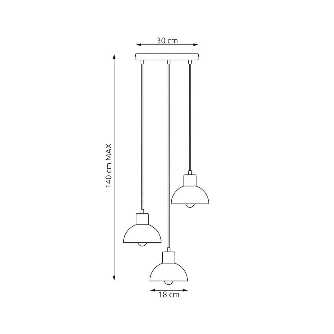 Lampa wisząca Seco z trzema kloszami na żarówki E27, w kolorze białym z jasnym drewnem. Wymiary: 30 cm szerokości, 18 cm wysokości, maksymalna długość zwisu 140 cm. Klosze w kształcie półkul, zawieszone na cienkich linkach.