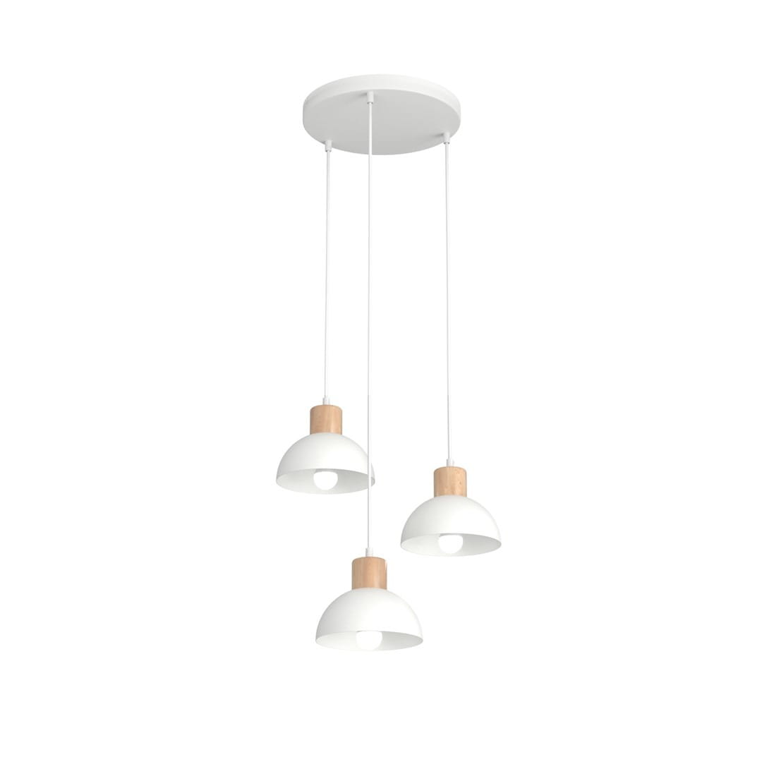 Lampa wisząca Seco z trzema kloszami w kolorze białym i elementami z jasnego drewna. Klosze mają kształt półkuli, zawieszone na cienkich linkach, montowane do okrągłej białej podstawy sufitowej. Idealna do nowoczesnych wnętrz.
