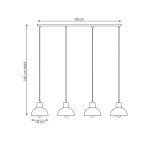 Lampa wisząca Seco z czterema oprawami E27, w kolorze białym z jasnym drewnem. Wymiary: długość 90 cm, maksymalna wysokość 140 cm, średnica kloszy 18 cm. Ułożona w poziomie, idealna do nowoczesnych wnętrz.