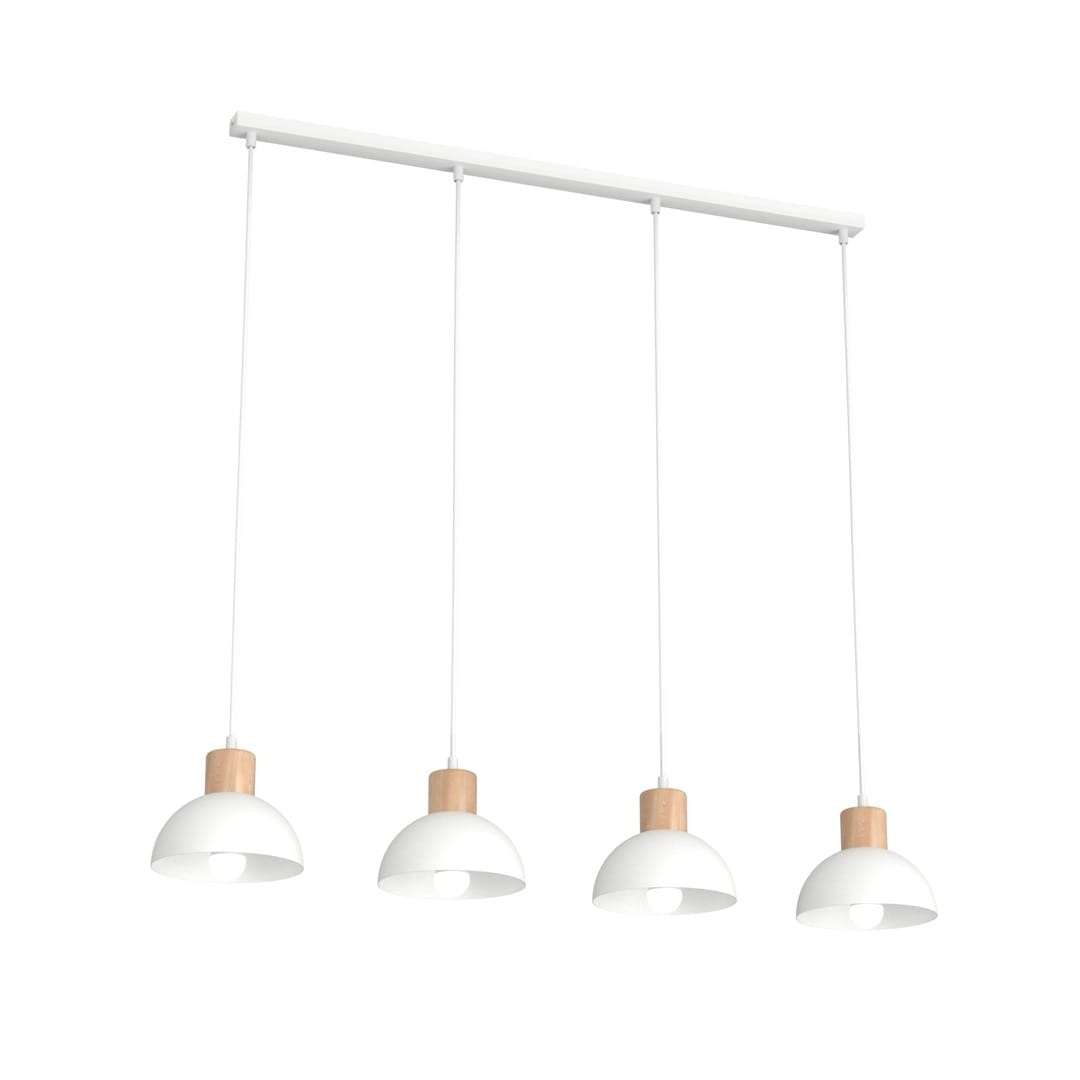Lampa wisząca Seco z czterema kloszami w kolorze białym z jasnym drewnem. Klosze mają kształt półkulisty, zawieszone na białych linkach, montowane do prostokątnej białej podstawy. Idealna do nowoczesnych wnętrz.