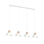Lampa wisząca Seco z czterema kloszami w kolorze białym z jasnym drewnem. Klosze mają kształt półkulisty, zawieszone na białych linkach, montowane do prostokątnej białej podstawy. Idealna do nowoczesnych wnętrz.