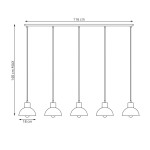 Lampa wisząca Seco 5xE27 w kolorze białym z elementami jasnego drewna. Oferuje pięć kloszy zawieszonych na cienkich linkach, montowana na suficie. Wymiary: szerokość 116 cm, wysokość maksymalna 140 cm, średnica kloszy 18 cm.