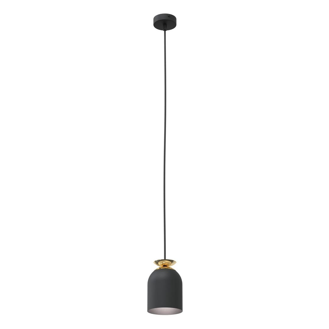 Lampa wisząca Target z oprawą w kolorze czarnym i złotym, z pojedynczym gniazdem E27. Ma cylindryczny kształt, zawieszona na długim, cienkim kablu. Górna część wykończona złotym detalem, a wnętrze klosza w jasnym kolorze.