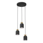 Lampa wisząca Target 3xE27 w kolorze czarnym z złotymi detalami. Trzy okrągłe klosze zawieszone na długich czarnych przewodach. Prosta, nowoczesna konstrukcja z okrągłym mocowaniem sufitowym.