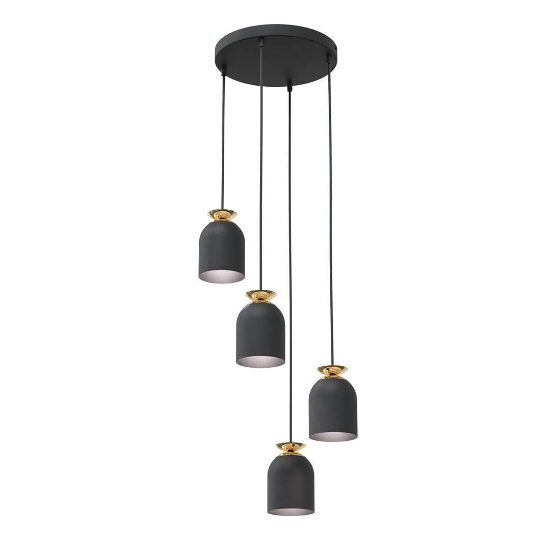 Lampa wisząca Target 4xE27 w kolorze czarnym z dekoracyjnymi złotymi elementami. Posiada cztery klosze o kształcie dzwonu, zawieszone na długich czarnych przewodach. Dobrze widoczna podstawa montażowa w kolorze czarnym.