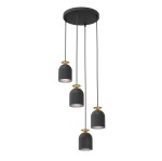 Lampa wisząca Target 4xE27 w kolorze czarnym z dekoracyjnymi złotymi elementami. Posiada cztery klosze o kształcie dzwonu, zawieszone na długich czarnych przewodach. Dobrze widoczna podstawa montażowa w kolorze czarnym.