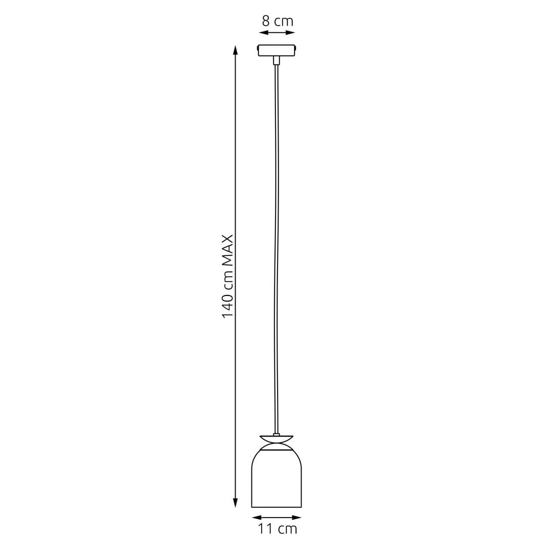 Lampa wisząca Target 1xE27 w kolorze białym i złotym, z okrągłym kloszem o średnicy 11 cm i maksymalnej długości 140 cm. Ujęcie z boku, pokazujące prosty, elegancki design i mocowanie sufitowe o wymiarach 8 cm.