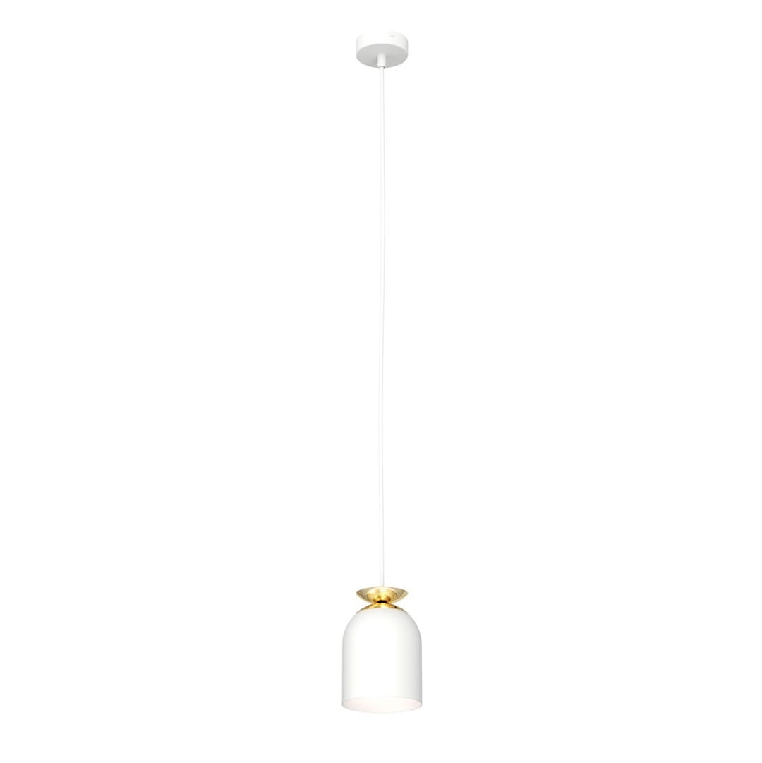 Lampa wisząca Target, 1xE27, w kolorze białym z złotym detalem u góry. Posiada prosty, cylindryczny kształt, zawieszona na cienkim przewodzie. Tło jest jasne, co podkreśla elegancki design lampy.