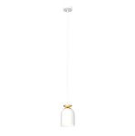 Lampa wisząca Target, 1xE27, w kolorze białym z złotym detalem u góry. Posiada prosty, cylindryczny kształt, zawieszona na cienkim przewodzie. Tło jest jasne, co podkreśla elegancki design lampy.