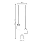 Lampa wisząca Target z trzema źródłami światła E27, w kolorze białym ze złotymi detalami. Okrągły sufit z trzema zwisającymi kloszami, każdy o średnicy 11 cm, na regulowanych przewodach. Wysokość maksymalna 140 cm, szerokość 30 cm.