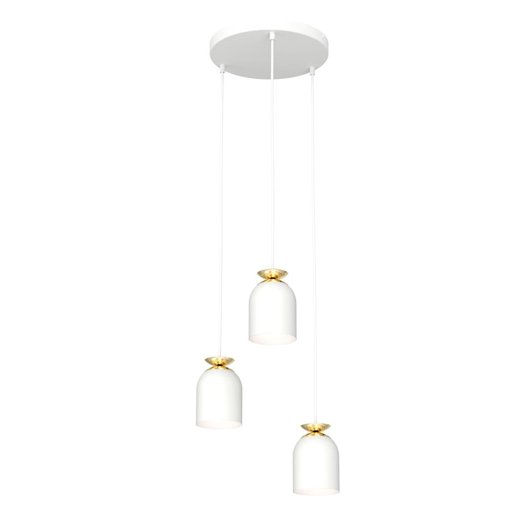 Lampa wisząca Target z trzema kloszami E27 w kolorze białym z złotymi akcentami. Klosze mają kształt cylindryczny, zawieszone na długich, białych linkach, przymocowane do okrągłej, białej podstawy sufitowej.