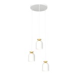 Lampa wisząca Target z trzema kloszami E27 w kolorze białym z złotymi akcentami. Klosze mają kształt cylindryczny, zawieszone na długich, białych linkach, przymocowane do okrągłej, białej podstawy sufitowej.