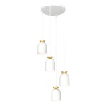 Lampa wisząca Target 4xE27 w kolorze białym z złotymi detalami. Cztery klosze w kształcie dzwonu zawieszone na cienkich linkach, zamocowane do okrągłej podstawy. Prosta forma idealna do nowoczesnych wnętrz.
