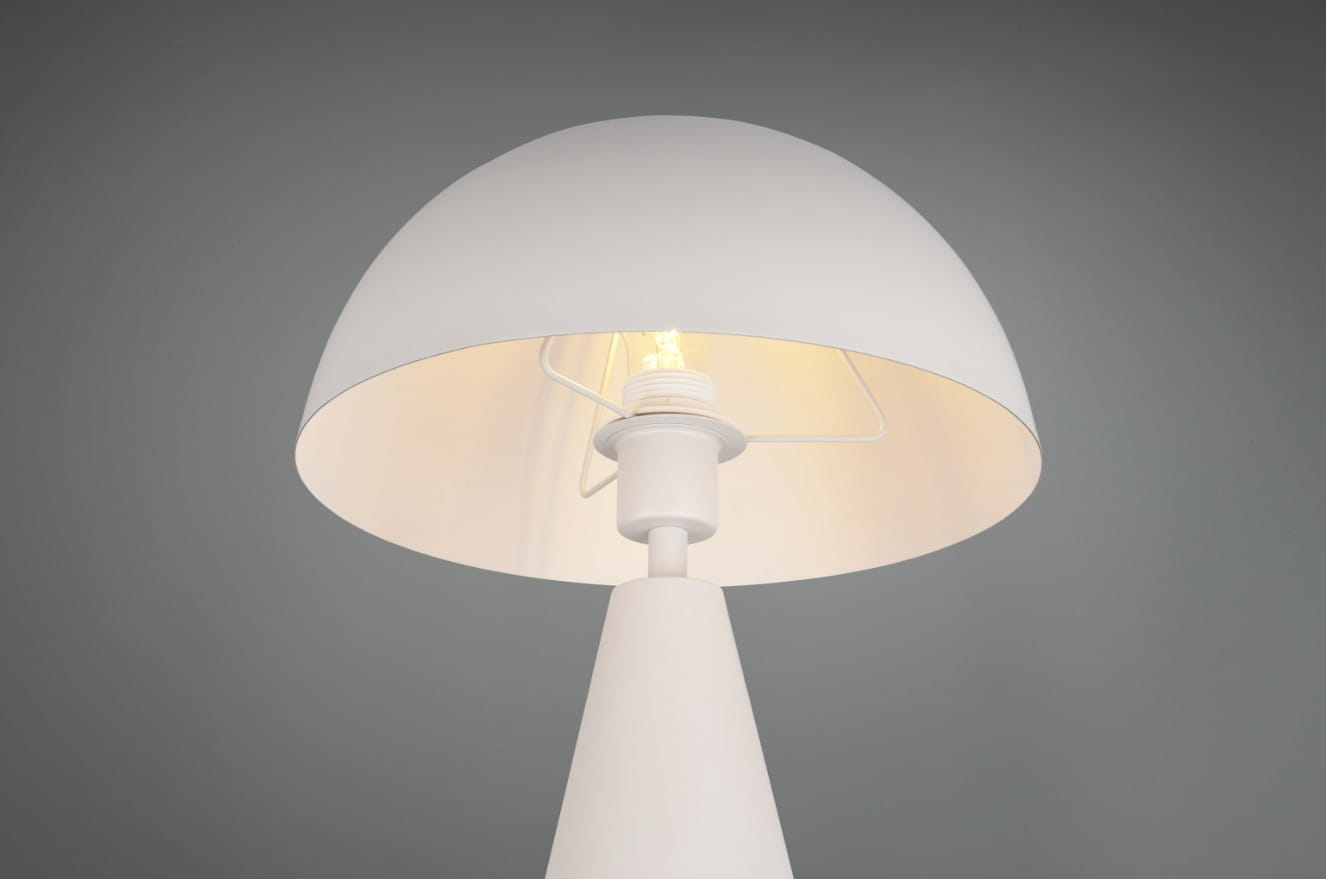 Lampa stołowa Alfie w kolorze szarym, z okrągłym kloszem i białą podstawą. Widoczny gwint E27 oraz wewnętrzna część klosza emitująca ciepłe światło. Ujęcie z góry, ukazujące detale konstrukcji lampy. Tło w odcieniu szarości.