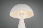Lampa stołowa Alfie w kolorze szarym, z okrągłym kloszem i białą podstawą. Widoczny gwint E27 oraz wewnętrzna część klosza emitująca ciepłe światło. Ujęcie z góry, ukazujące detale konstrukcji lampy. Tło w odcieniu szarości.