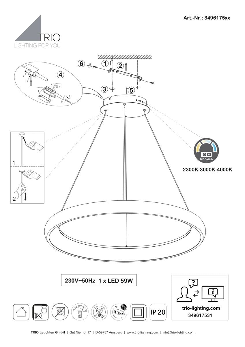 Lampa wisząca Cardona w kolorze białym, z jedną diodą LED 59W. Kształt stożkowy, zawieszona na cienkich linkach, z możliwością regulacji wysokości. Widoczne informacje o napięciu i mocy. Proste tło, skupiające uwagę na produkcie.