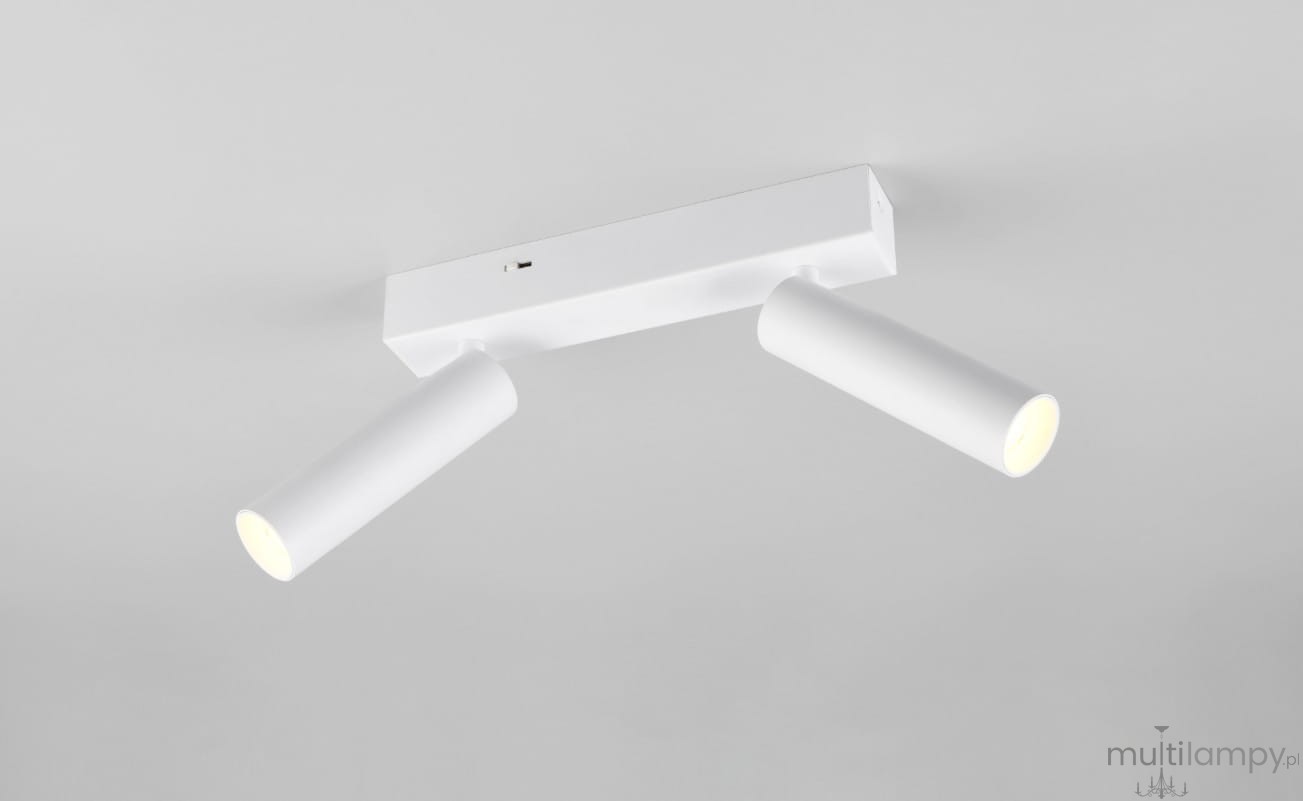 Lampa sufitowa Ambala, biała, z dwoma ruchomymi punktami świetlnymi LED o mocy 11W. Ujęcie frontalne, produkt zamontowany na gładkiej, białej podstawie. Idealna do oświetlenia wnętrz.