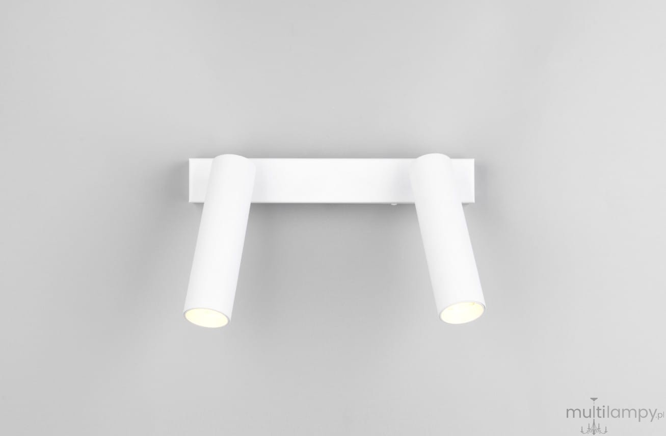 Lampa sufitowa Ambala w kolorze białym, z dwoma ruchomymi punktami świetlnymi. Ułożona poziomo, z prostokątnym uchwytem. Kluczowe elementy to gładka faktura i minimalistyczny design. Oświetlenie LED o mocy 11W z możliwością regulacji barwy światła.