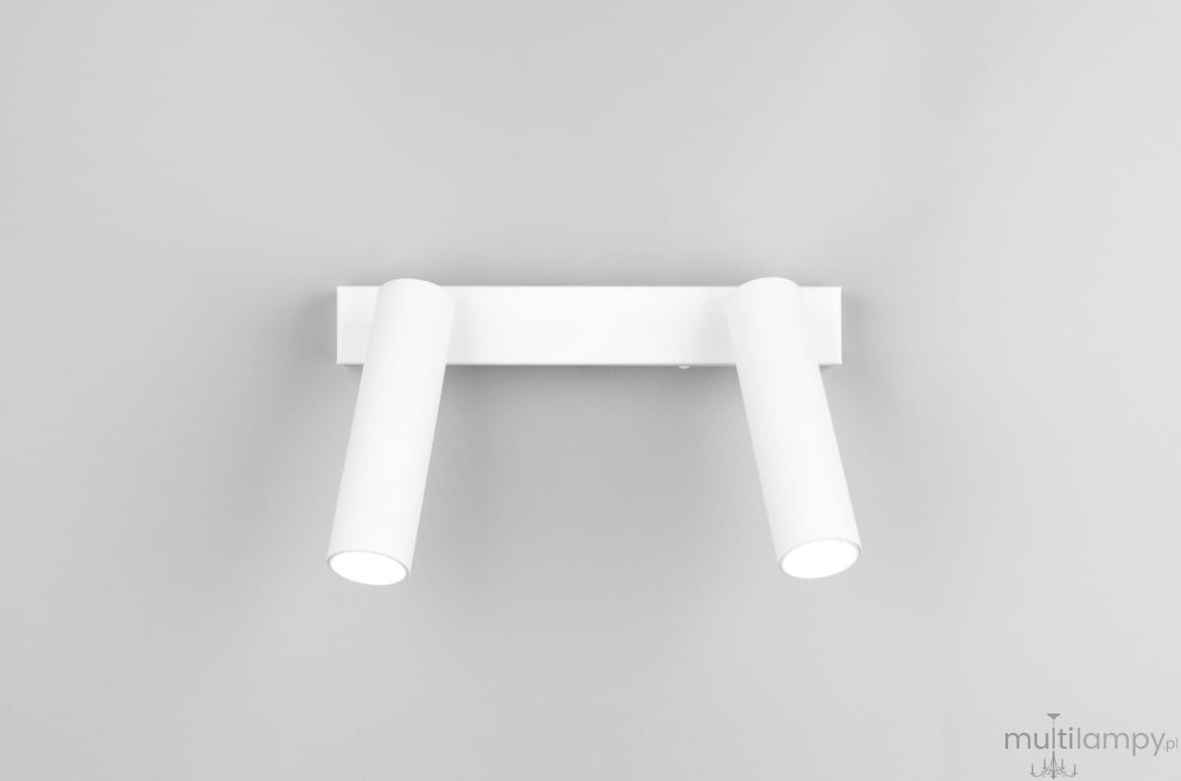 Lampa sufitowa Ambala w białym kolorze, z dwoma regulowanymi reflektorami LED o mocy 11W. Ujęcie frontalne, produkt zamontowany na ścianie, wykonany z matowego materiału, minimalistyczny design.