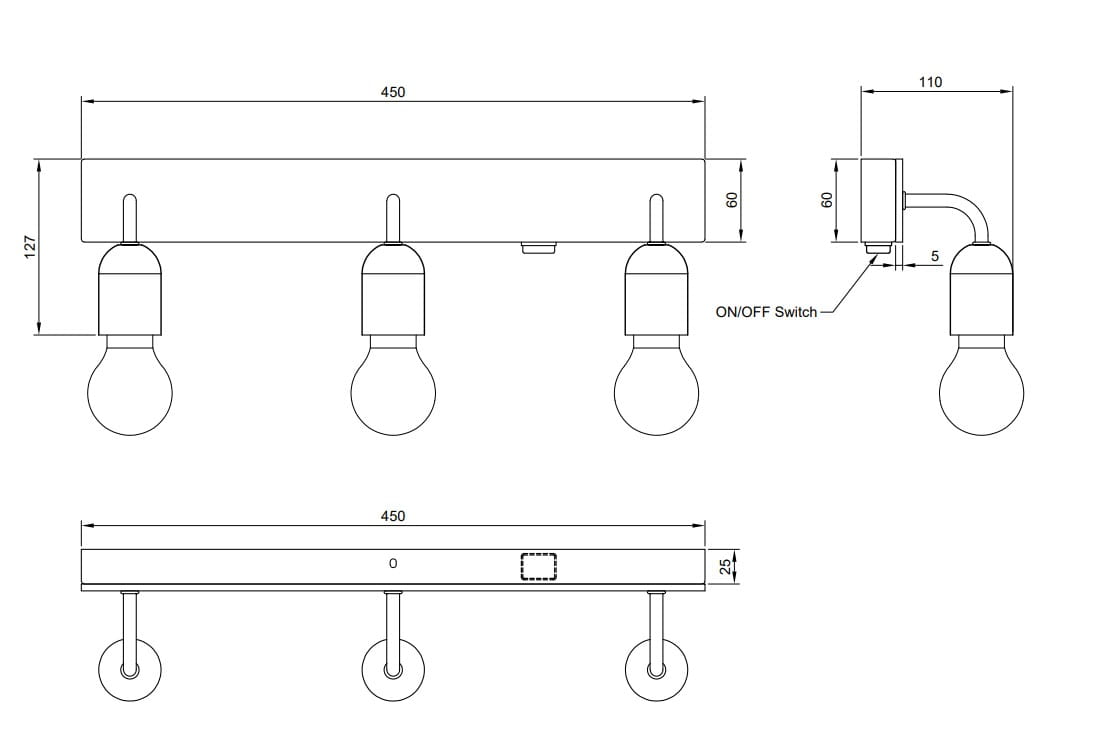 Kinkiet Arturo z trzema źródłami światła E27, w kolorze czarnym z jasnym drewnem. Ujęcie frontalne, wymiary 450x127 mm. Widoczny włącznik ON/OFF, okrągłe mocowania. Idealny do nowoczesnych wnętrz.
