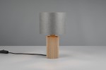 Lampa stołowa Canio z szarym kloszem i naturalną, żebrowaną podstawą. Ujęcie frontalne, produkt stoi na płaskiej powierzchni; widoczny przewód z włącznikiem. Idealna do nowoczesnych wnętrz.