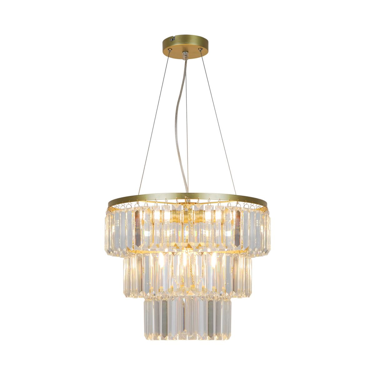 Lampa wisząca Tiffany 4xE14 w złotym wykończeniu, z transparentnymi kryształowymi elementami. Okrągła konstrukcja z kilkoma poziomami, zawieszona na cienkich linkach. Idealna do nowoczesnych wnętrz.