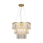 Lampa wisząca Tiffany 4xE14 w złotym wykończeniu, z transparentnymi kryształowymi elementami. Okrągła konstrukcja z kilkoma poziomami, zawieszona na cienkich linkach. Idealna do nowoczesnych wnętrz.